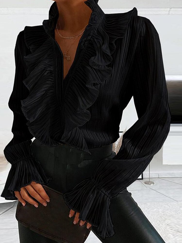 Solid Color V neck Overhead Ruffled Collar Long Sleeve Blouse P1706307
