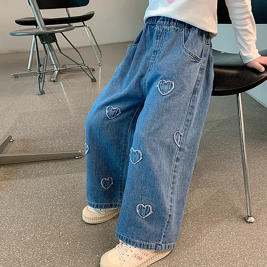 【18M-7Y】Girls' Straight-Leg Heart Casual Denim Pants