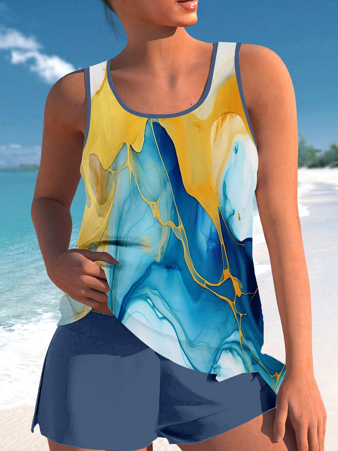 Bowknot Blue Printed Graphic Mid Waisted Tankini Set - Plus Size Available