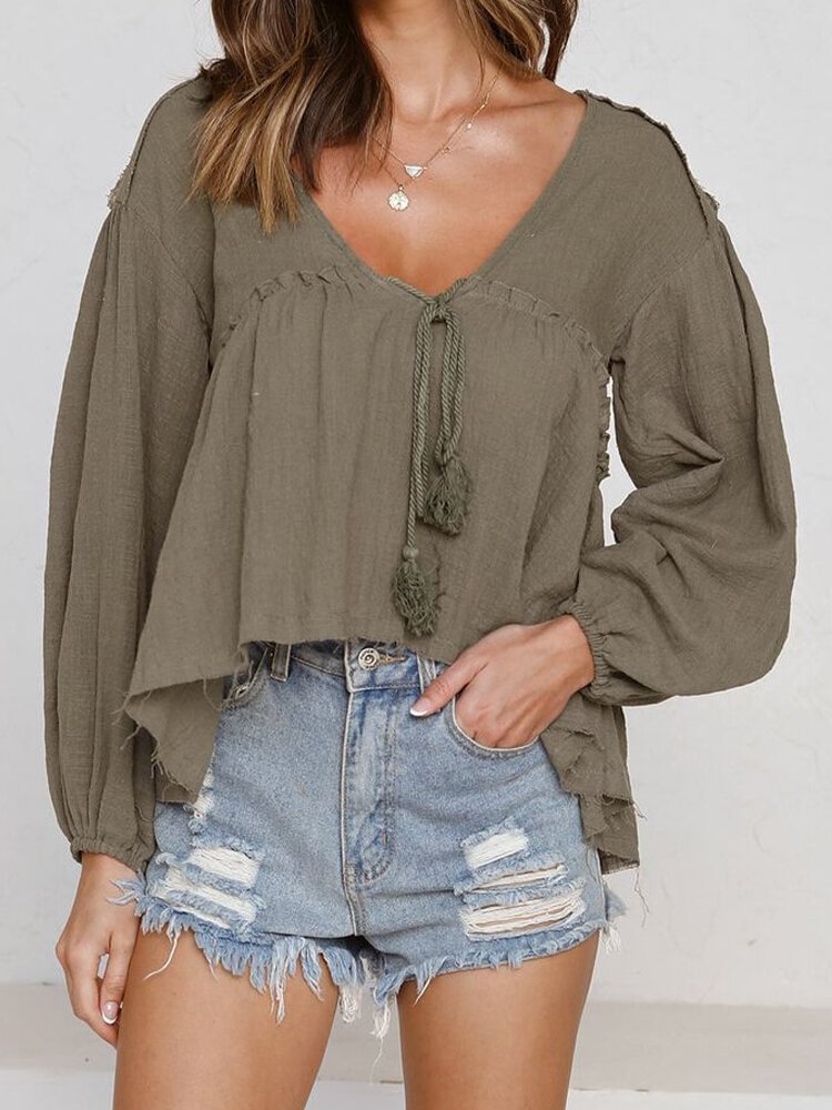 Solid Color Patchwork V neck Long Sleeve Casual Blouse For Women P1803826