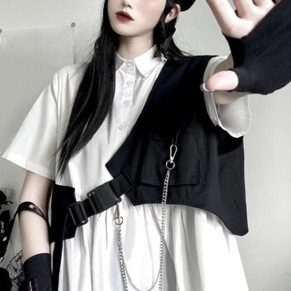 Dark Gothic Short Sleeve Blouse Dress + Work Clothes Vest Two Piece Set SP15237