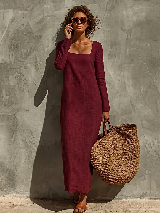 Women's Minimalist Solid Linen Holiday Square Neck Long Sleeve Dress MD