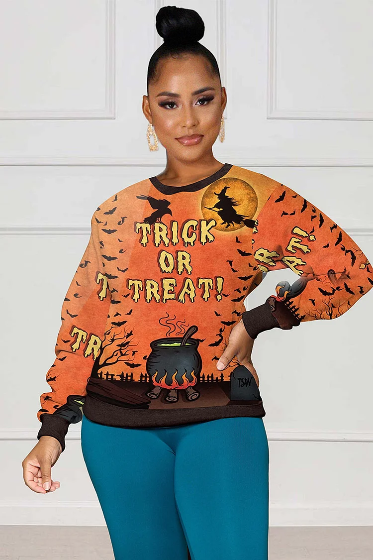 LORAGAL Trick Or Treat Witch Long Sleeve Halloween Print Sweatshirts