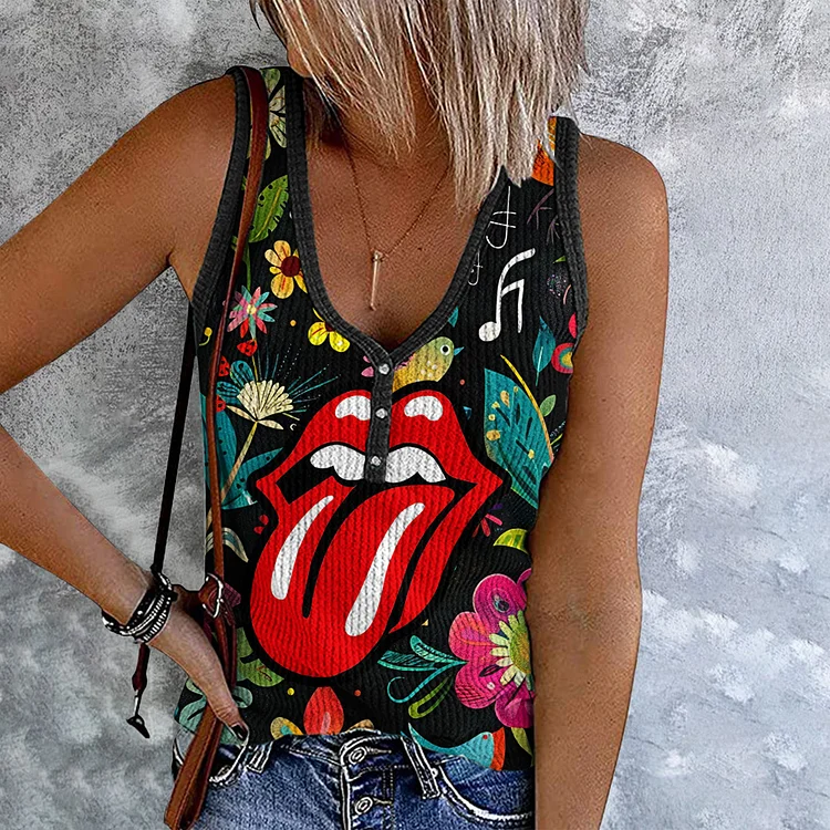 Comstylish Retro Floral And Leaf Stone Fun Lips Graphic Sleeveless Tank Top