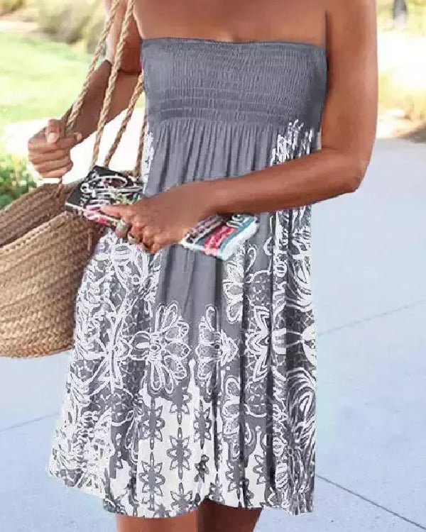 Printed Strapless Off Shoulder Resort Dress - Chicaggo