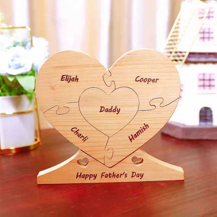 Personalized Wooden Heart Puzzle Engraved 4 Names Family Gifts
