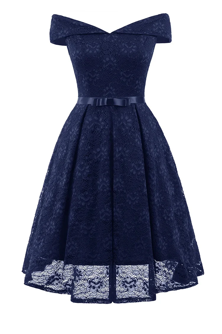 1950s Dark Blue Party Solid Off The Shoulder Lace Mesh Printed Sash Belt Bow Midi Dresses