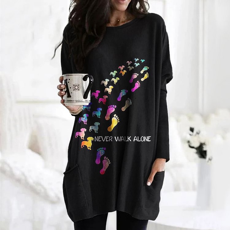 Vefave Colorful Dog Print Crew Neck Long Sleeve Tunic