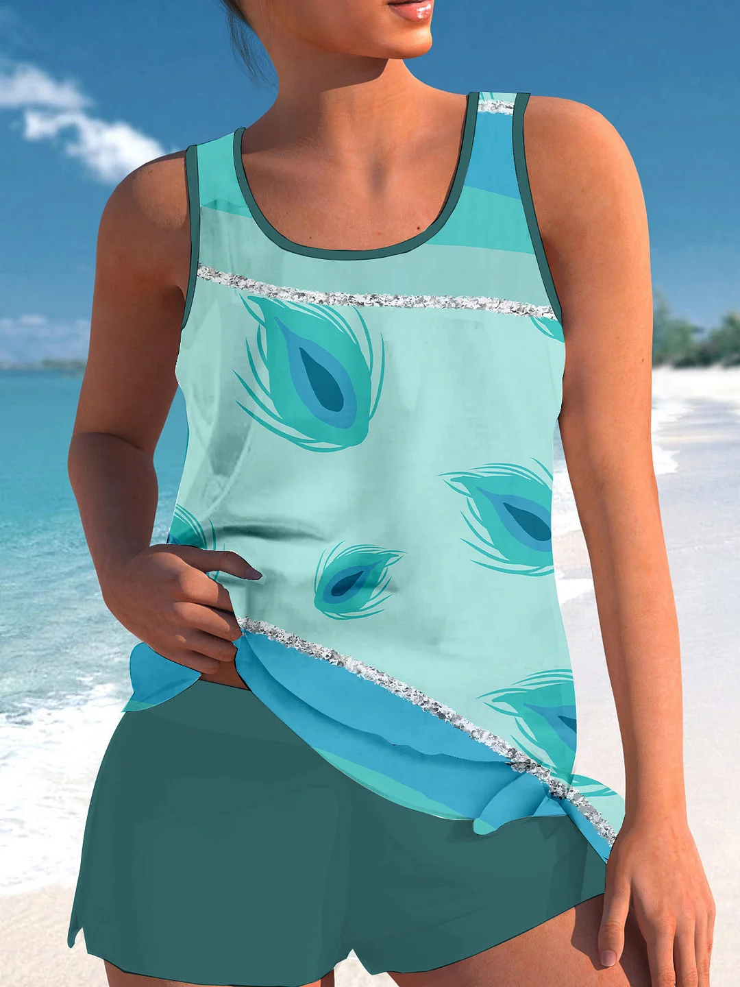 Bowknot Blue Graphic Printed Mid Waisted Tankini Set - Plus Size Available