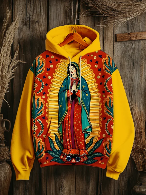 Men's Vintage Virgin Mary Illustration Print Casual Hoodie