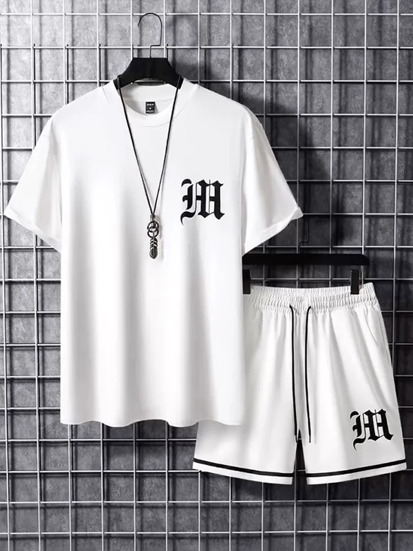 Men's Alphabetic Writing Art Print T-Shirt Shorts Set