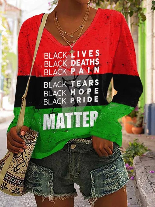 VChics Black History Month Black Pride V-Neck Print Long Sleeve T-Shirt