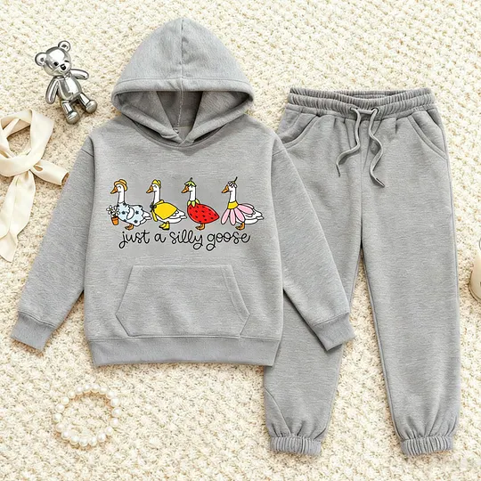 【2Y-13Y】Duck Print Hoodie And Jogger Set For Kids - "Just A Silly Goose" Design
