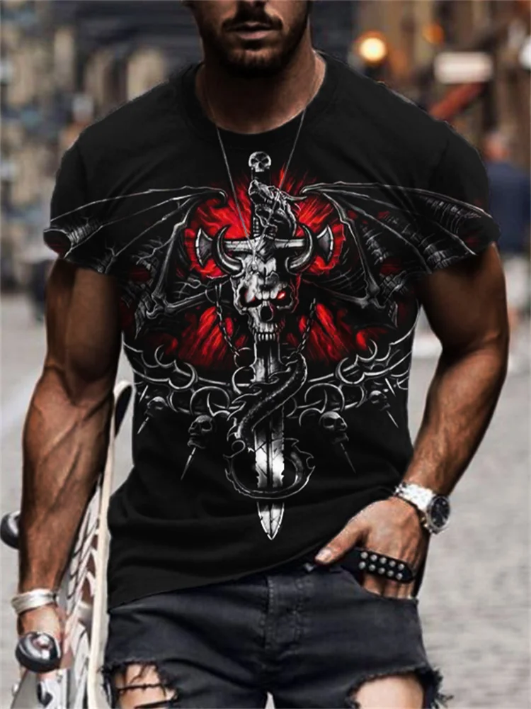 Broswear Men's Evil Skulls Dragon Sword Graphic T Shirt
