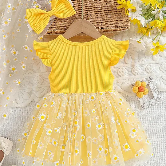 【6M-3Y】Girls' Tulle Dress With Daisy Print & Bow