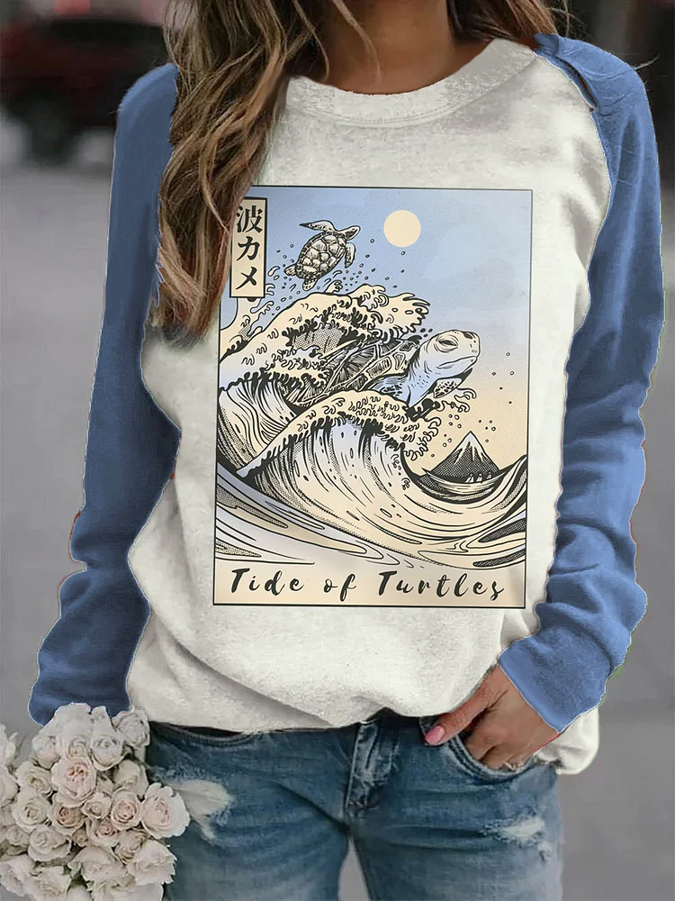 Sea Turtle & Waves Ancient Japanese Art Color Block Sweatshirt