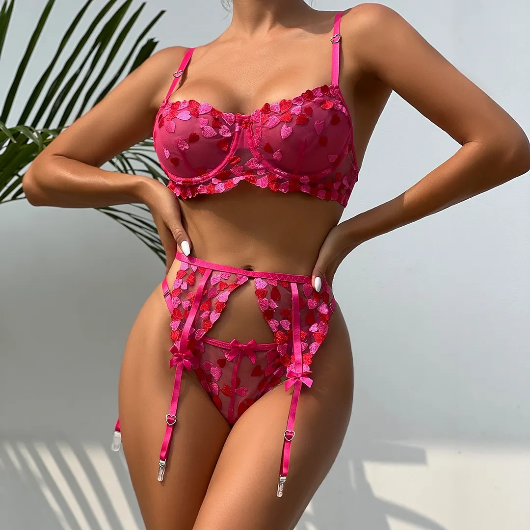 Billionm 3 Piece Heart Embroidery Lingerie Set Women Sexy Erotic Set