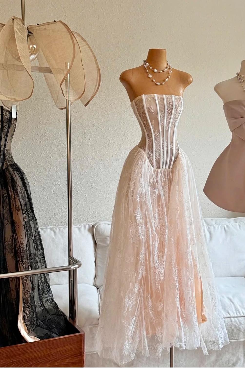 Lussooy White Lace Exquisite Strapless Sleeveless A Line Prom Dress with Ruffles