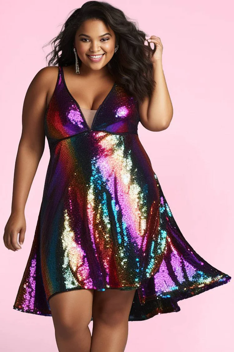 Xpluswear Design Plus Size Party Multicolor Rainbow Colorblock Glitter V Neck Mini Dresses 