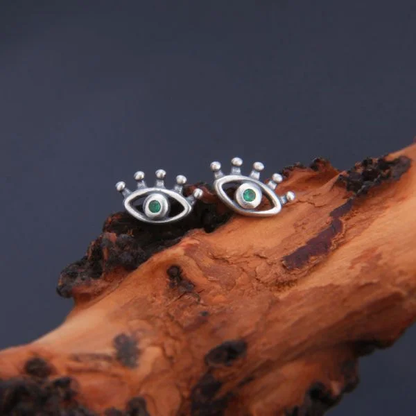 Sterling Silver Emerald Evil Eye Earrings