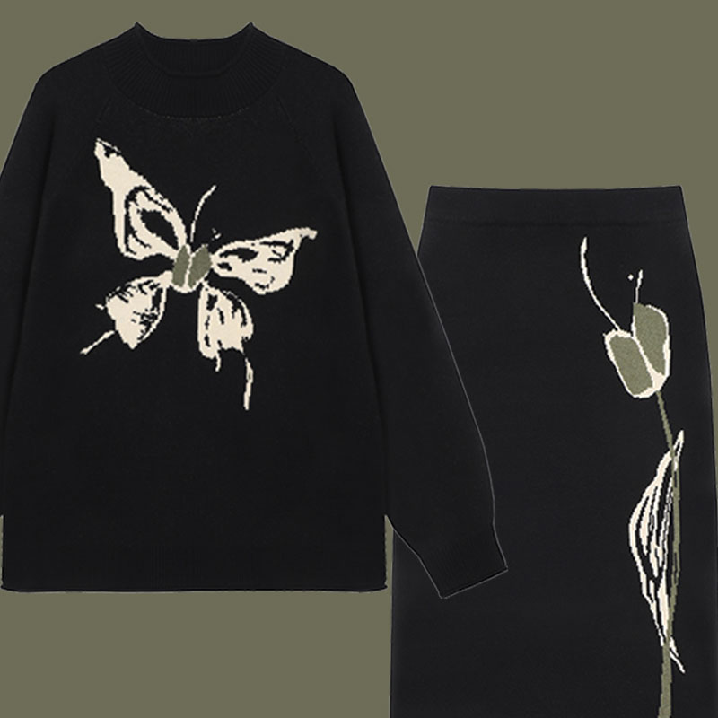 Butterfly Print Knit Sweater Skirt Two Pieces