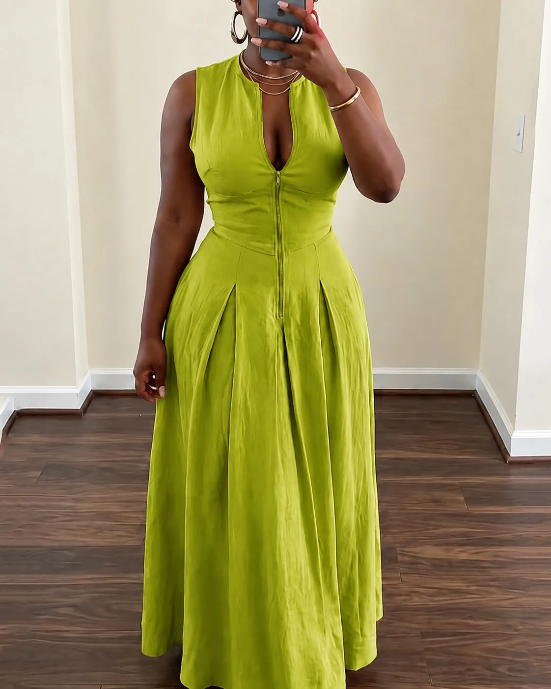 high waist maxi dress Round Neck Zipper Dresses Midnight Gold