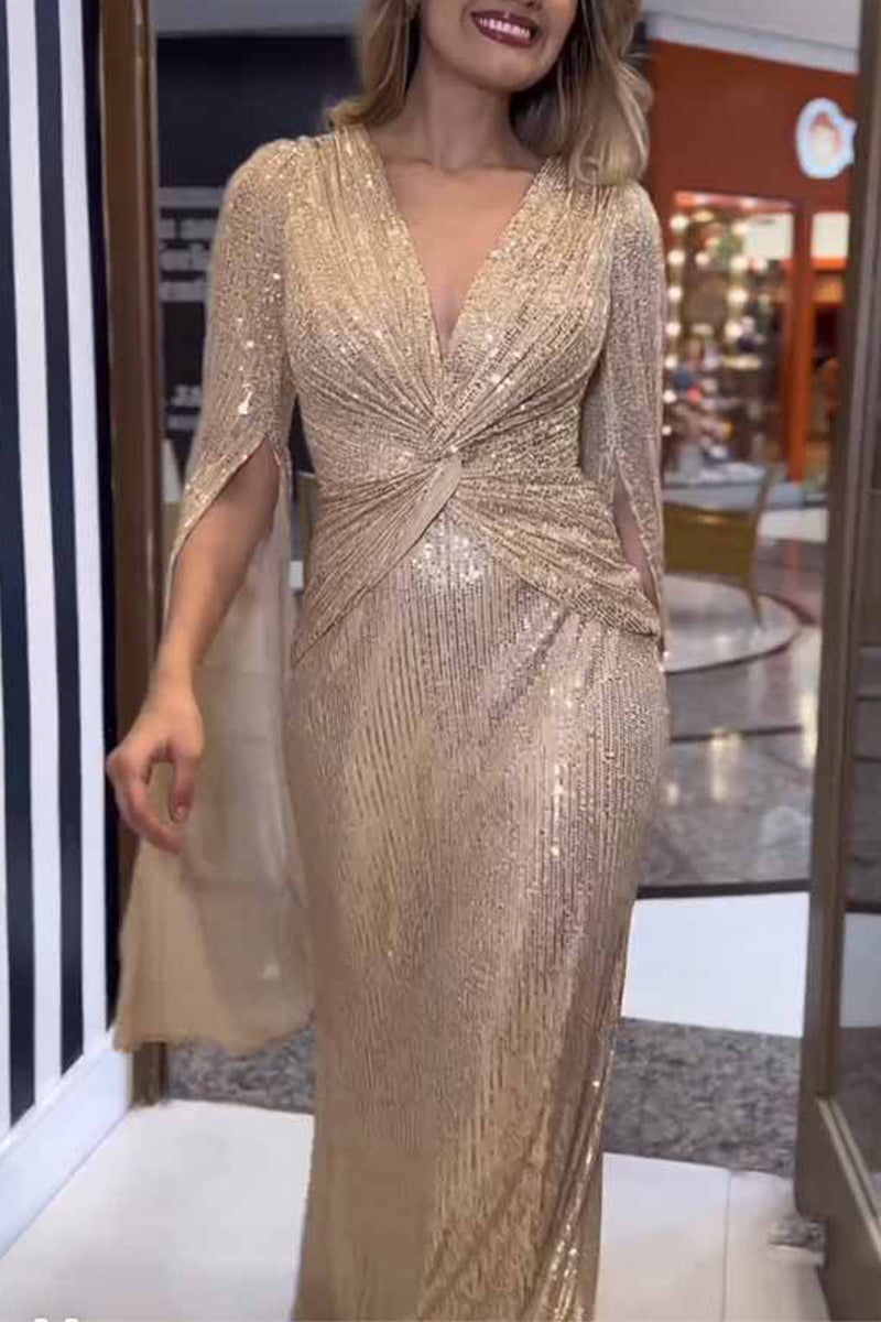 Sexy Solid Color Sequins Ruffle V Neck Evening Dresses main image 1