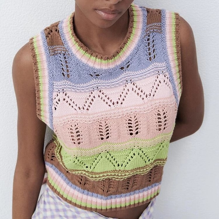 New Women Sweet Fashion Rainbow Striped Crochet Top Vest Sweater Female Retro O-neck Sleeveless Chic Casual Top - BlackFridayBuys
