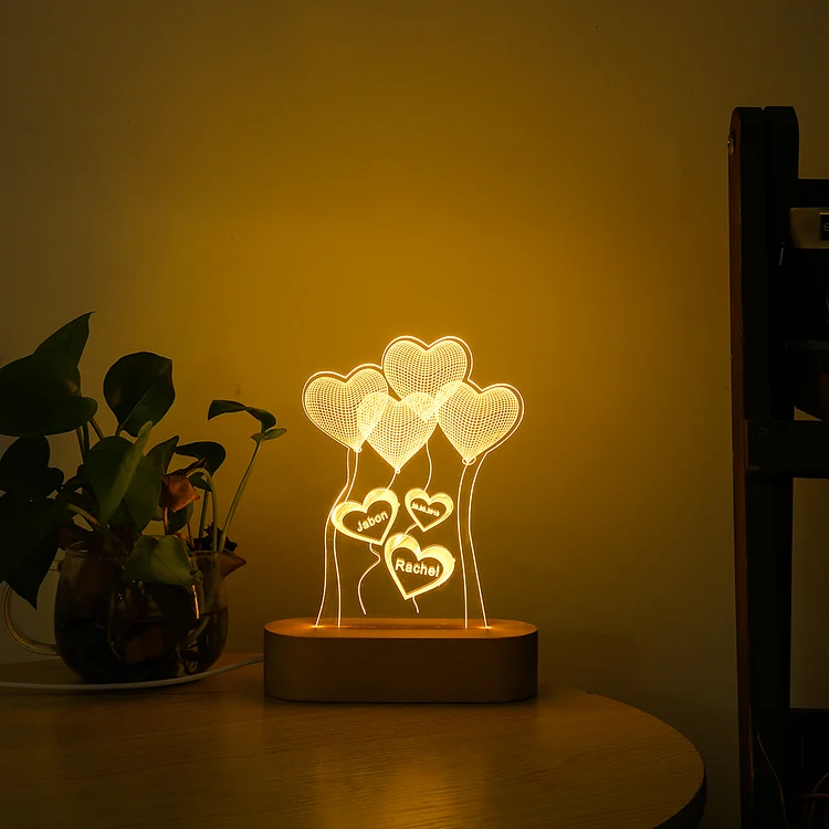 Lámpara de globo de corazón 3D Ilusión Luz de Noche LED 3 nombres personalizados