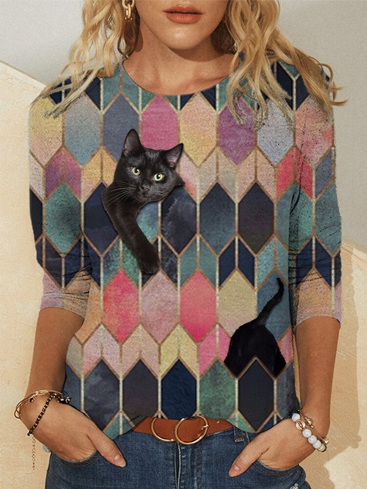 Geometric Cat Print O neck Long Sleeve T shirt For Women P1786648