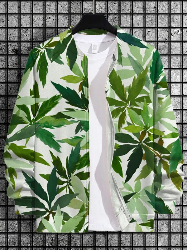 Men's Watercolor Art Leaves Print Casual Zip Up Jacket