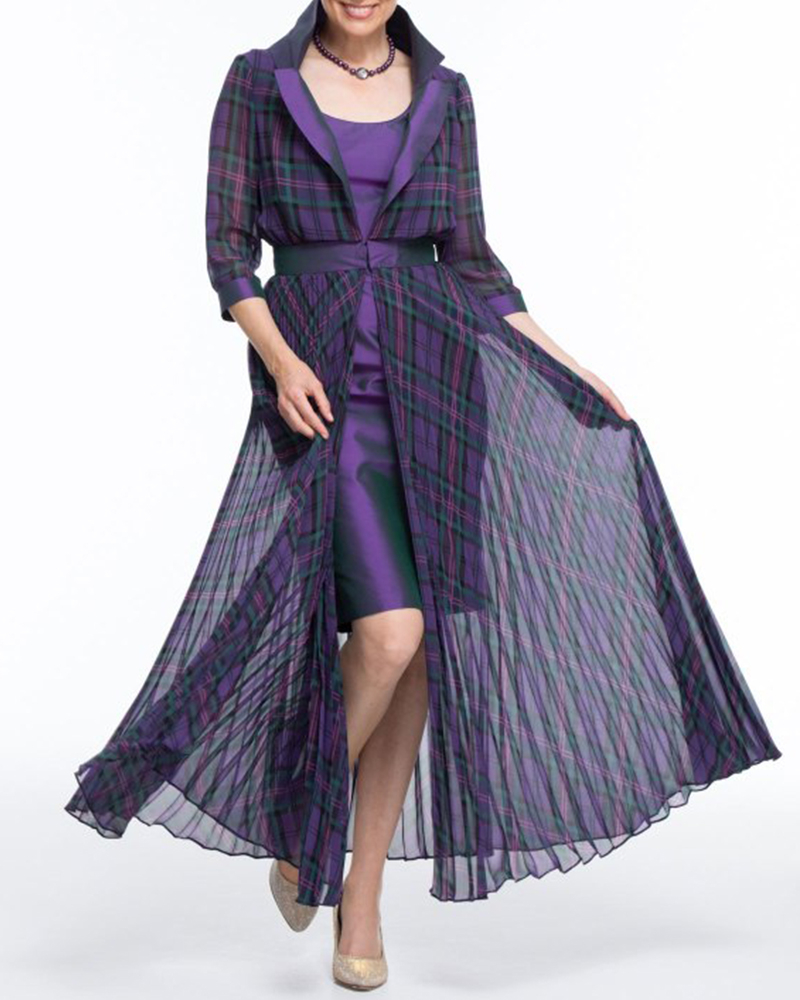 suit chiffon plaid cardigan + dress set dark purple