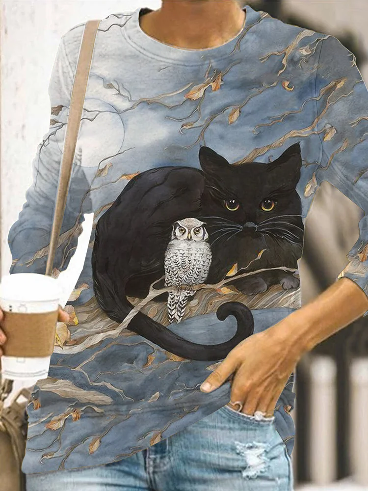 Cat And its Owl Friend Funny Printed Long-Sleeves