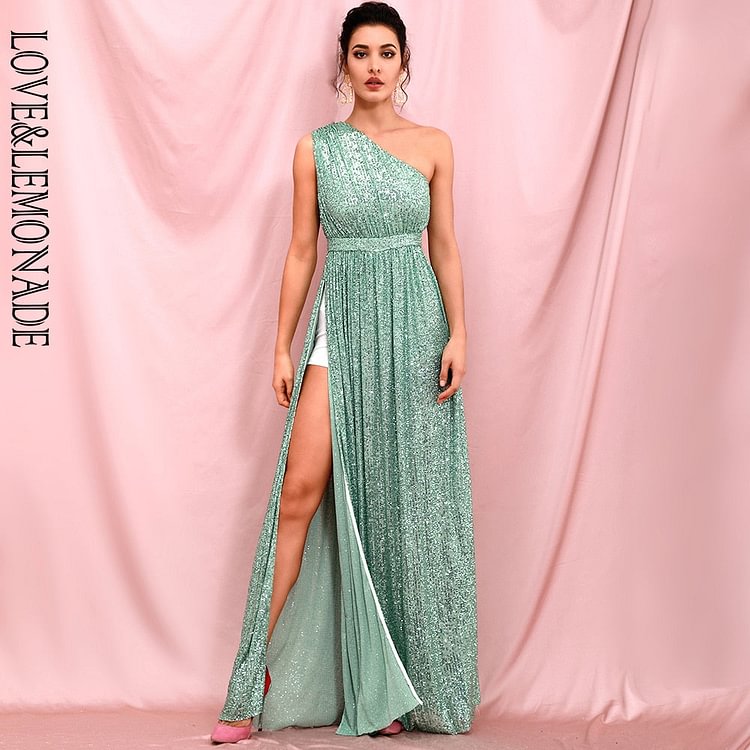 sexy light green strapless a-line elastic sequins whit split maxi dress long dress LM82406 - BlackFridayBuys