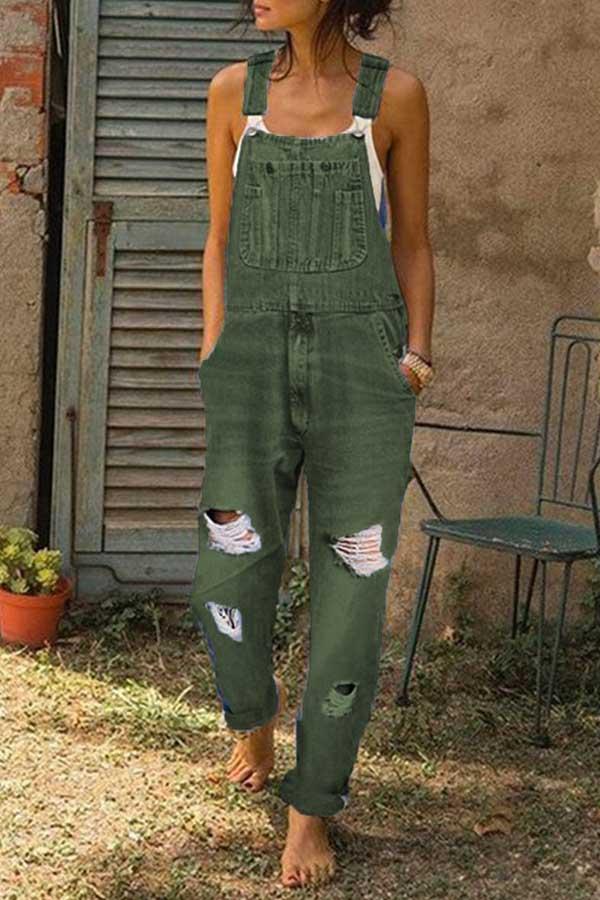 Fashionmigo Washed Ripped Hole Denim Overalls(3 Colors)