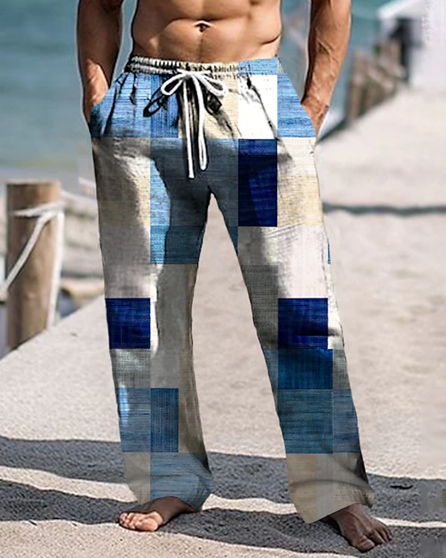 Suitmens Men's Ethnic Plaid Cotton Linen Trousers 06