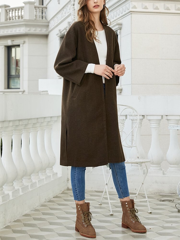 Solid Color Slit Hem Pocket Women Long Fleece Coat