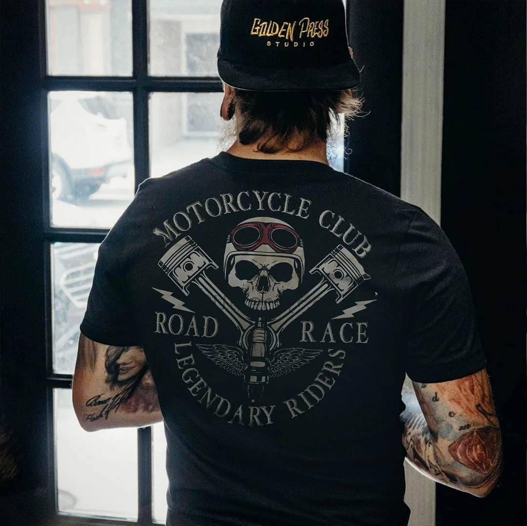 MOTORCYCLE CLUB ROAD RACE Skull Black Print T-shirt