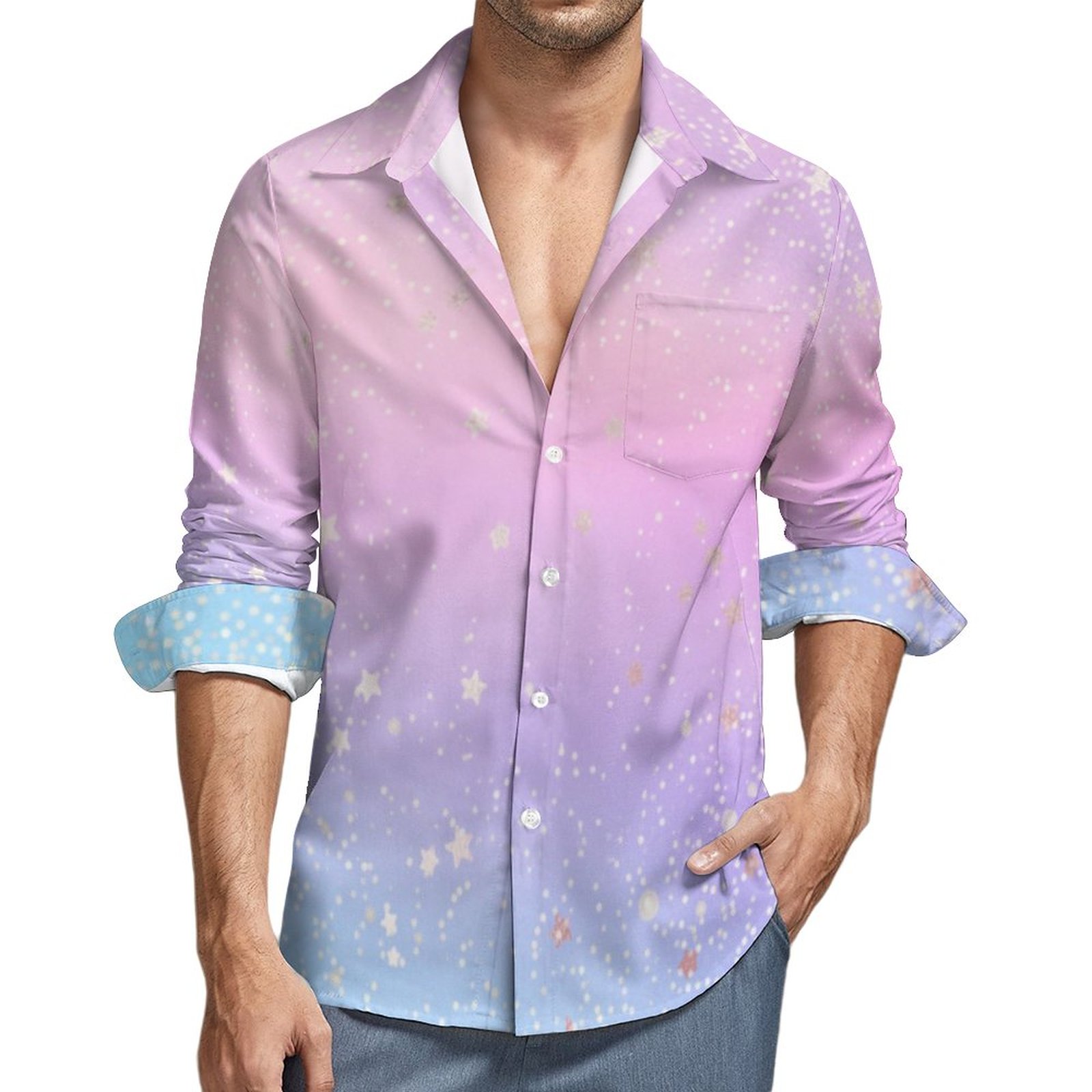 Pastel Iridescent Holographic Glitter Stars Galaxy Men's Casual Long Sleeve Button Down Pocket Shirt Star-M