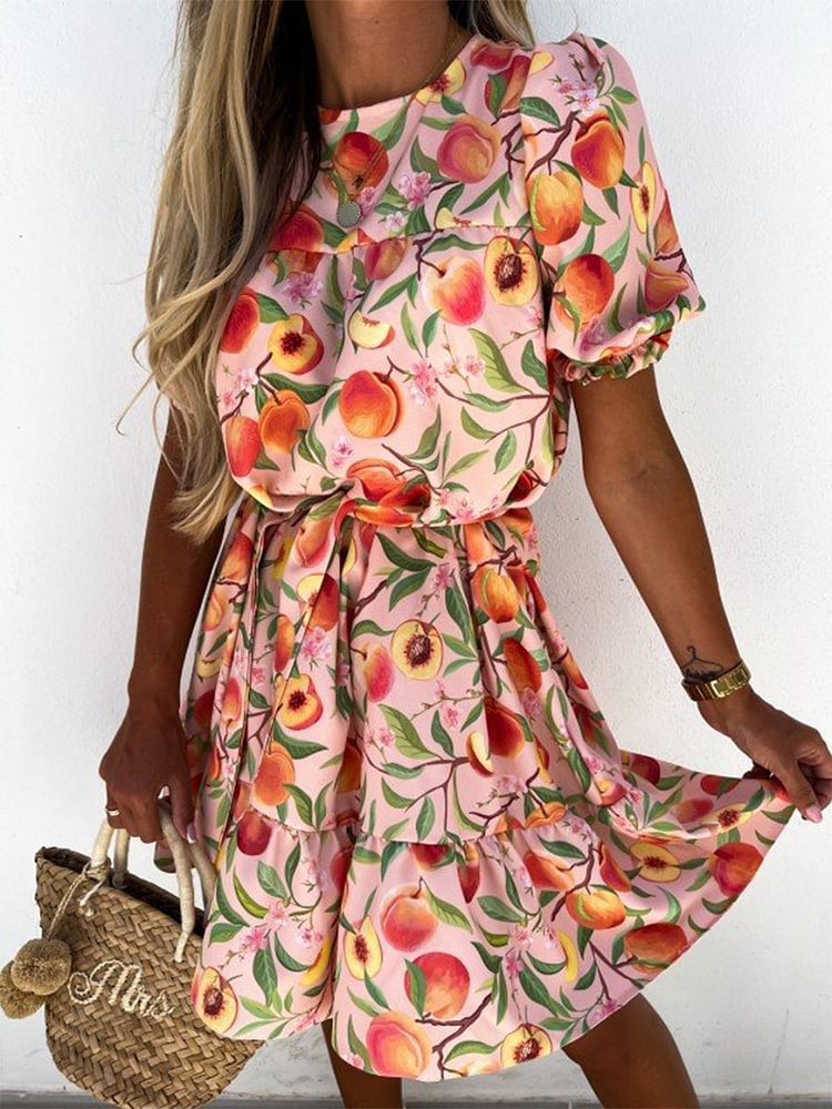 Round Neck Fruits Print Smocked Mini Dress P14422
