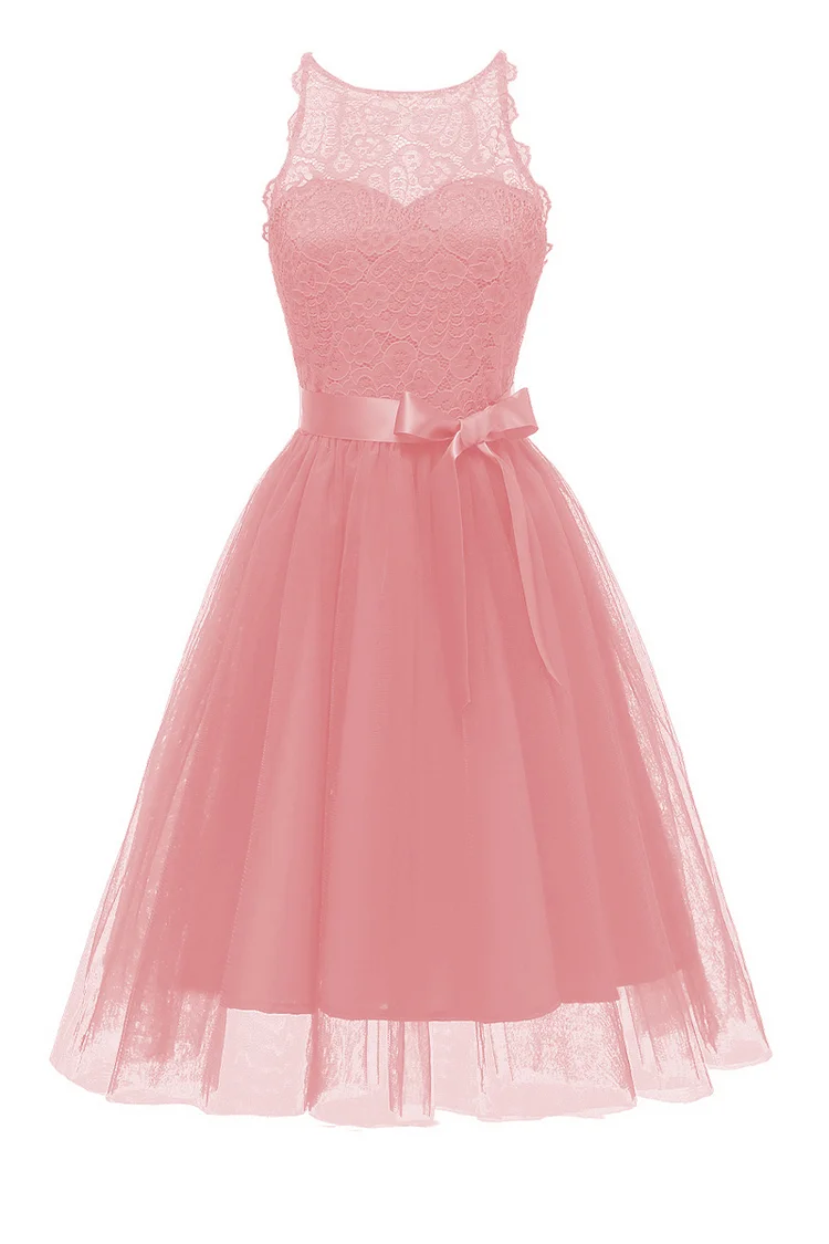1950s Pink Party Mesh Lace Bow Sash Sleeveless A-line Midi Dress
