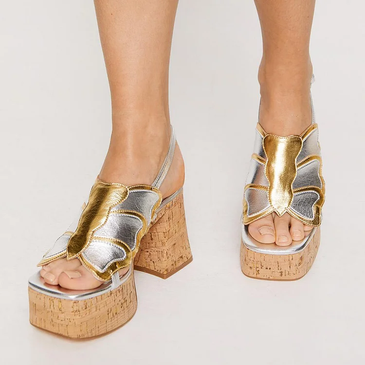 Silver Slingback Platform Shoes Women'S Square Toe Chunky Heel Office Casual Sandals |FSJ Shoes