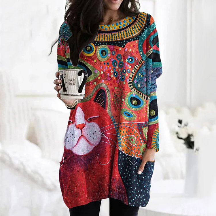 Vefave Art Cat Print Long Sleeve Casual Tunic