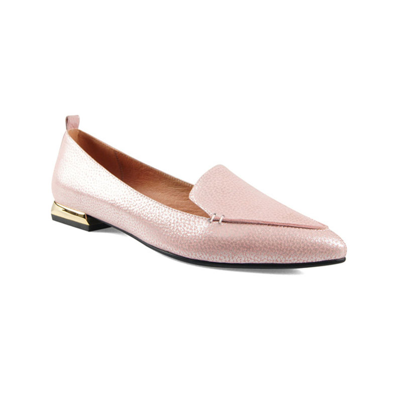 TAAFO Metallic Leather Shoes Pointed Toe Pink Flat Dress Shoes Flat Steel Heel Women Office Flats Shoes