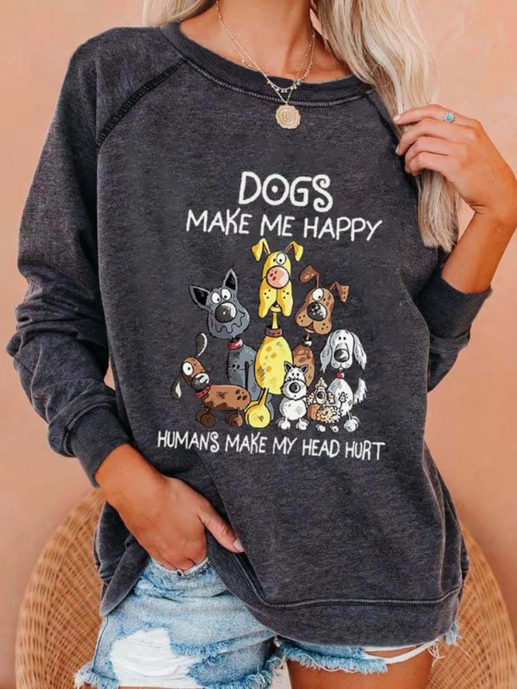 Comstylish Dog Makes Me Happy Print Long Sleeve Sweatshirt