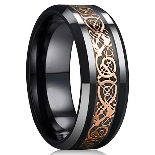 Rose Gold and Black Resin Inlay Celtic Dragon Knot Tungsten Women Or Men's Ceramic Wedding Band Rings,Tungsten Celtic Dragon Knot Ring With Rose Gold and Black Resin Inlay With Mens And Womens For 4MM 6MM 8MM 10MM