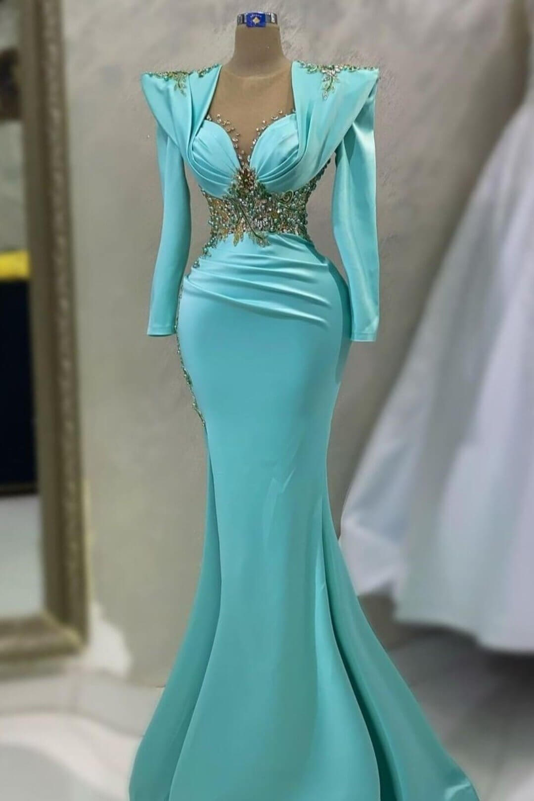 Dresseswow Tiffany Blue Long Sleeves Prom Dressess Mermaid With Beads Pearls