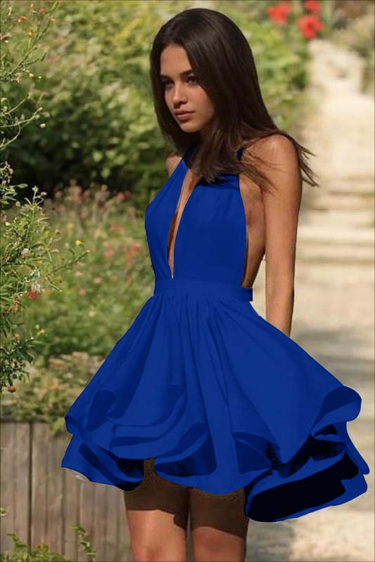 Lvs&Broner Ivory Halter Deep V Neck Sleeveless Short A-Line Homecoming Dress With Ruffles