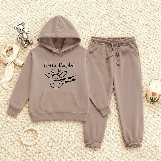 【2Y-13Y】Festive Fleece-Lined Hoodie And Jogger Set Hello World Giraffe Design For Kids