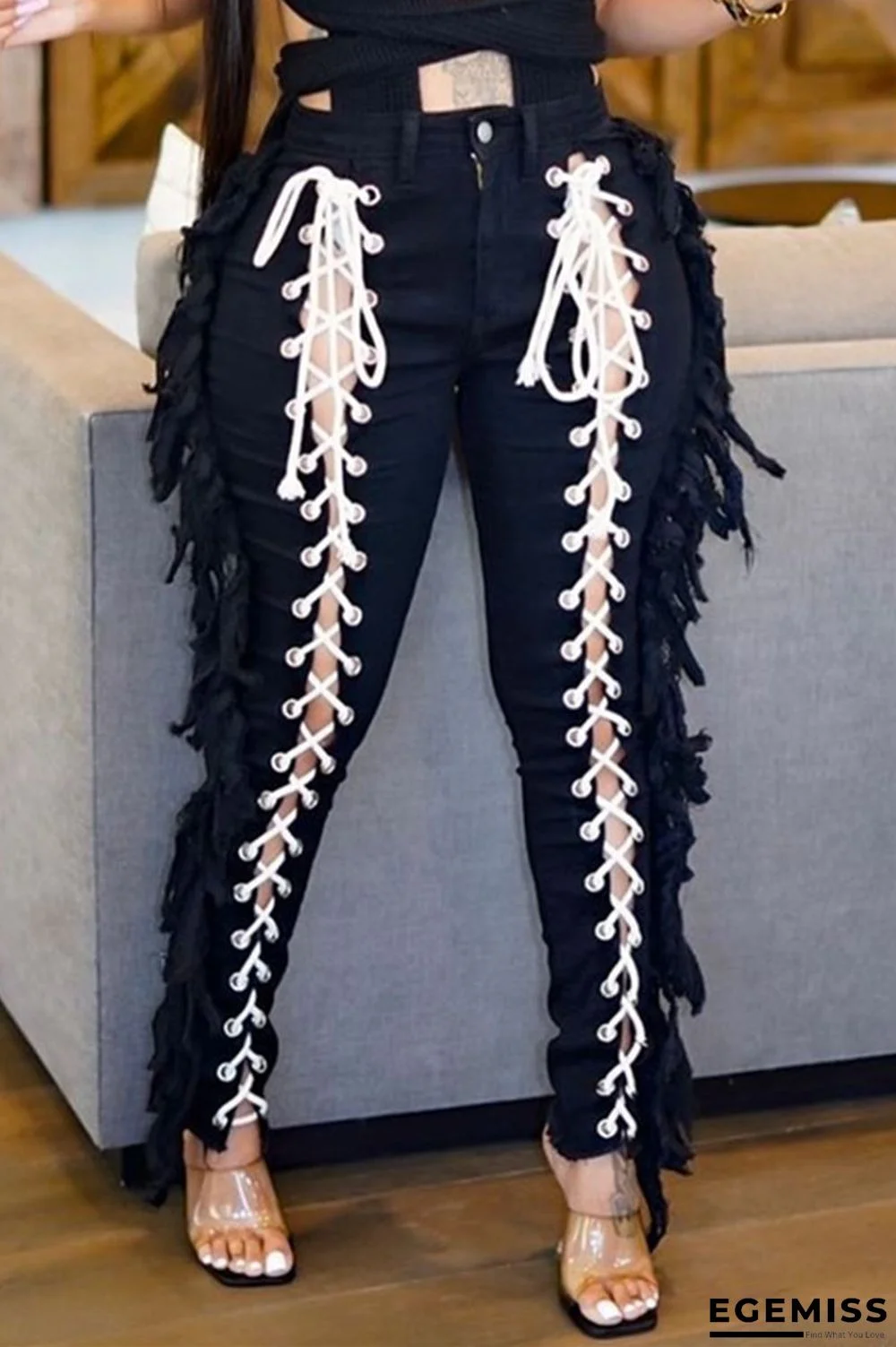 Black Fashion Casual Solid Tassel Bandage Hollowed Out High Waist Regular Denim Jeans | EGEMISS